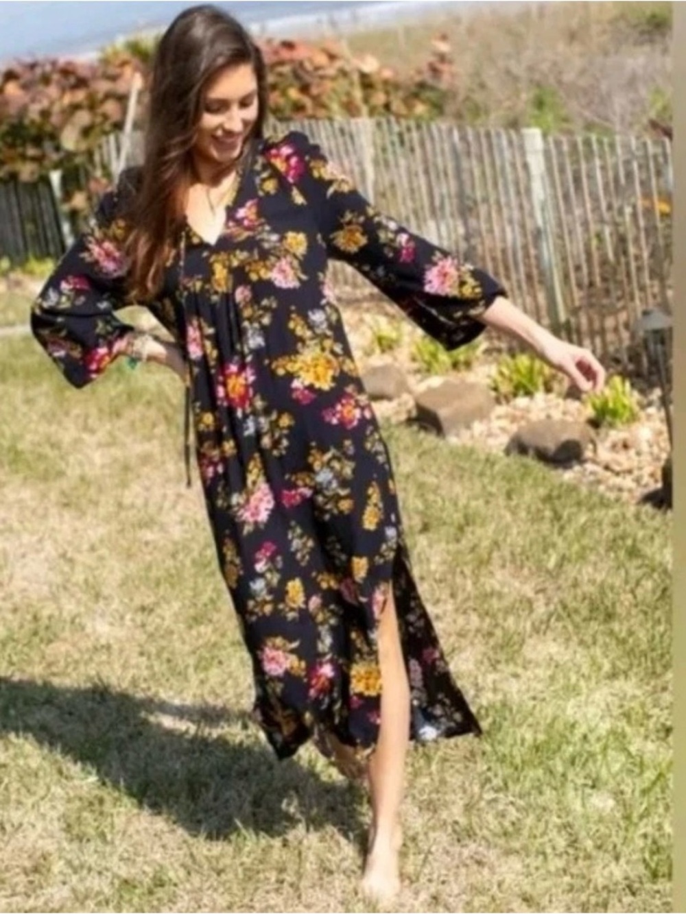 Natural Life Rowan Long Sleeve Midi Dress Medium Floral Peasant Cottage Bohemian